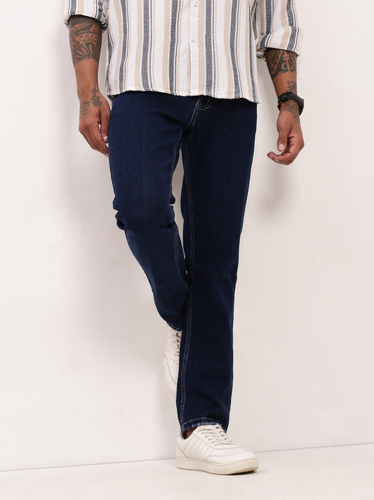 Men's Navy Blue Solid Straight Fit Jeans