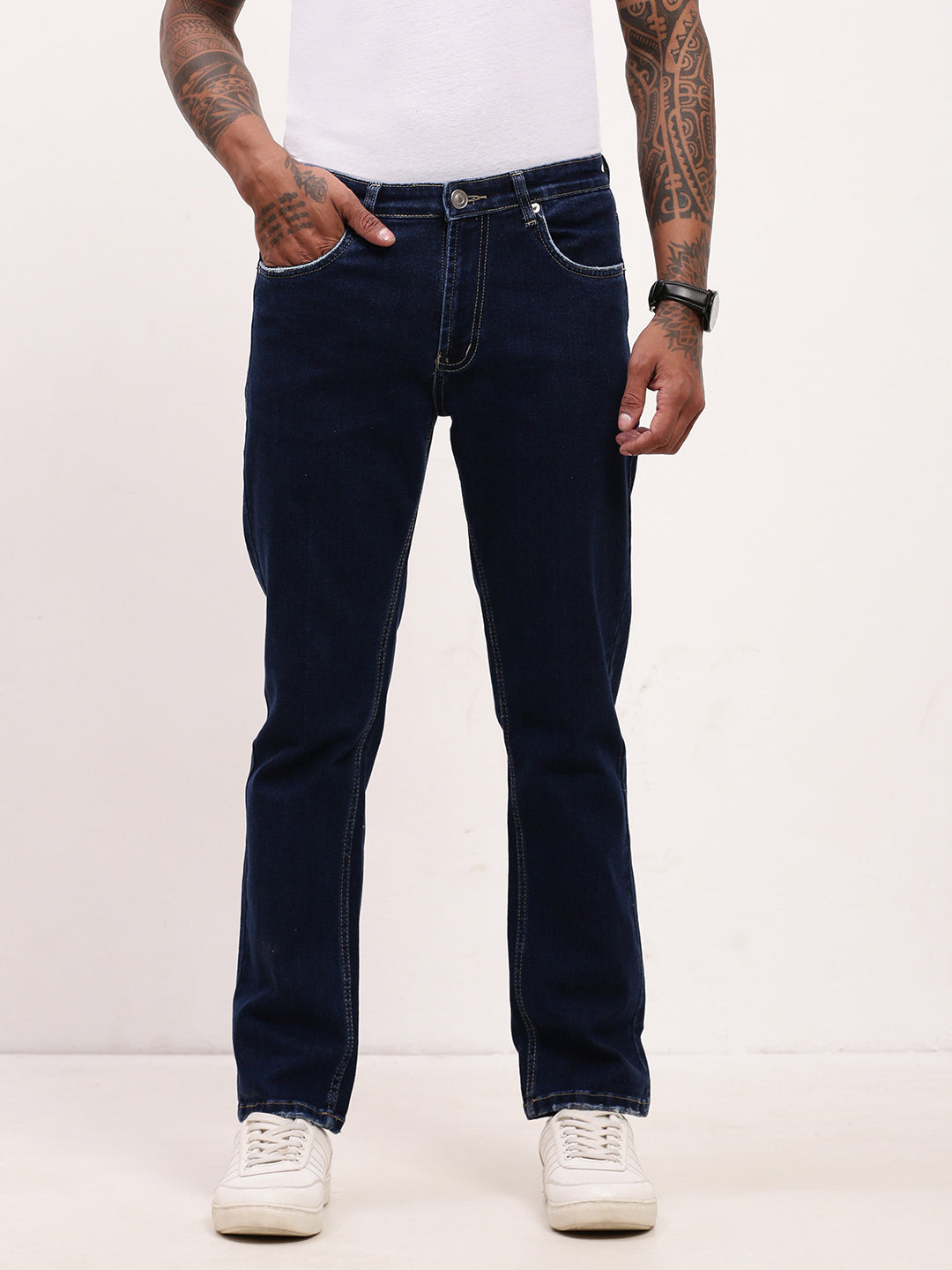 Men's Navy Blue Solid Straight Fit Jeans