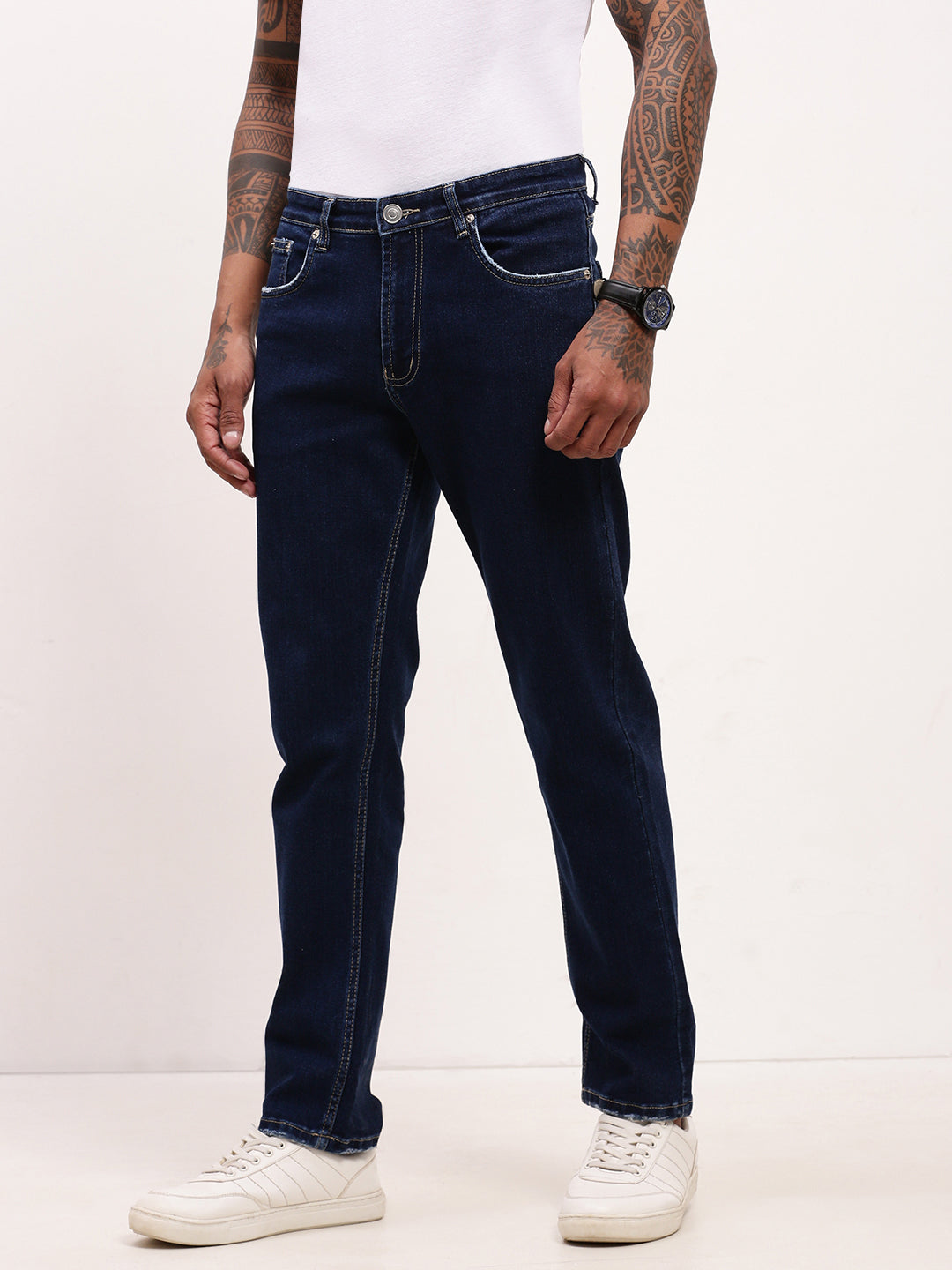 Men's Navy Blue Solid Straight Fit Jeans