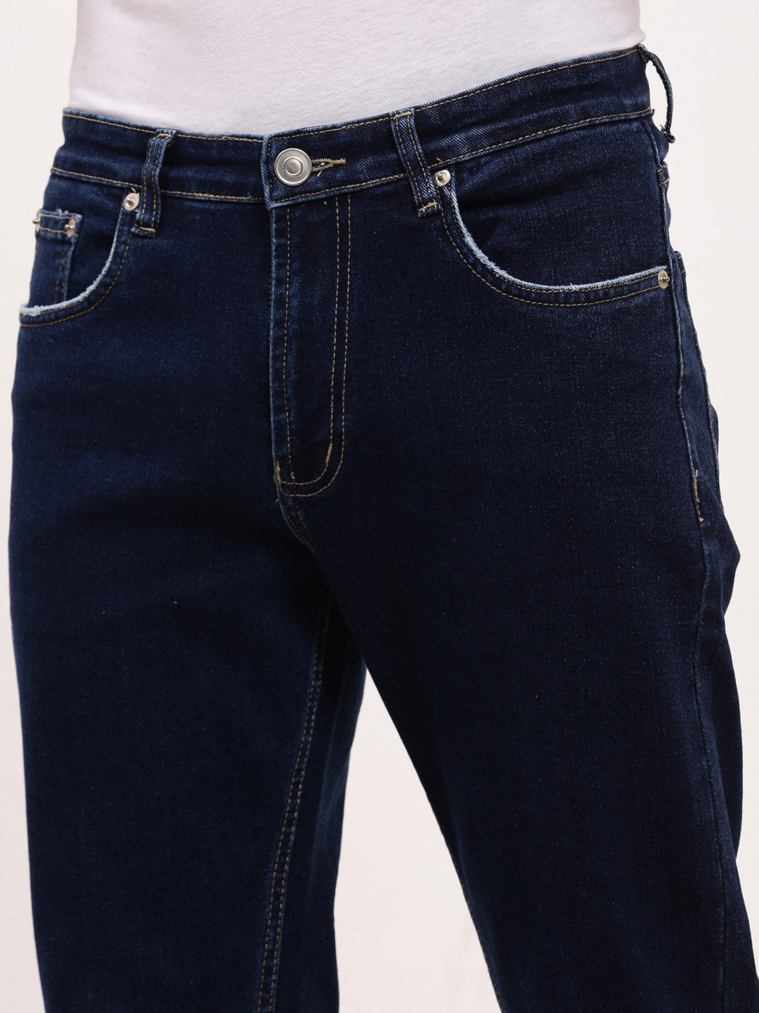 Men's Navy Blue Solid Straight Fit Jeans