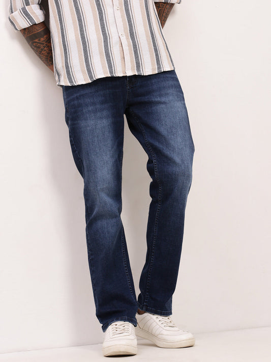 Men's Blue Solid Straight Fit Distressed Jeans