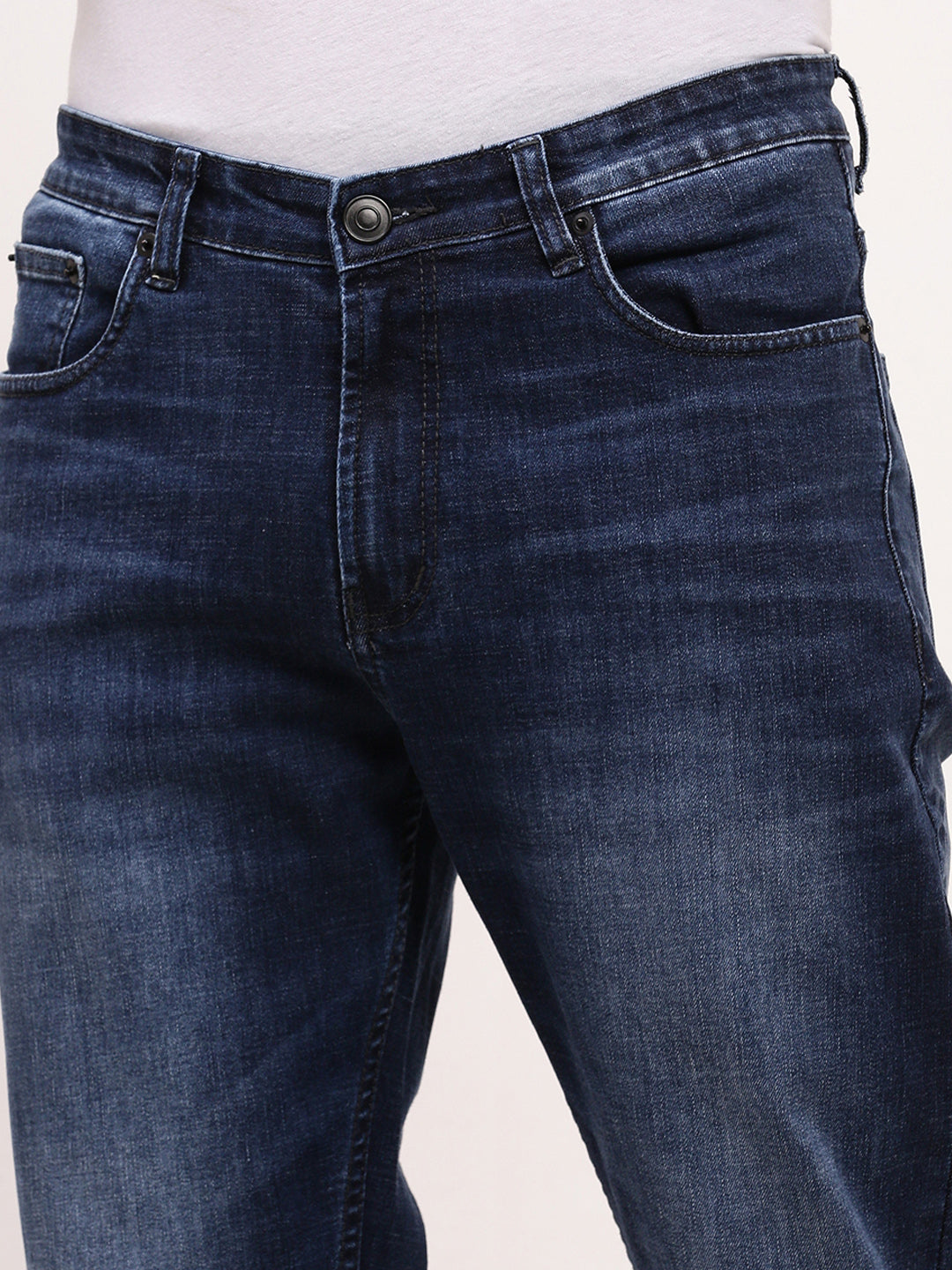 Men's Blue Solid Straight Fit Distressed Jeans