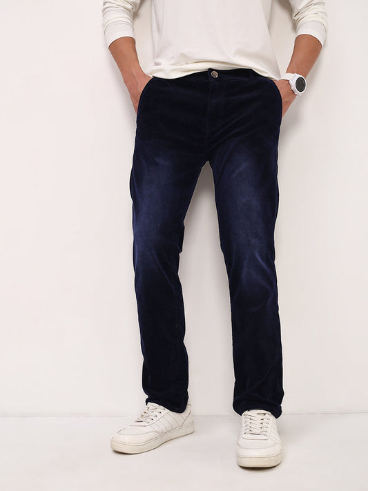 Men's Navy Blue Comfort Straight Fit Low-Rise Light Fade Acid Wash Stretchable Jeans