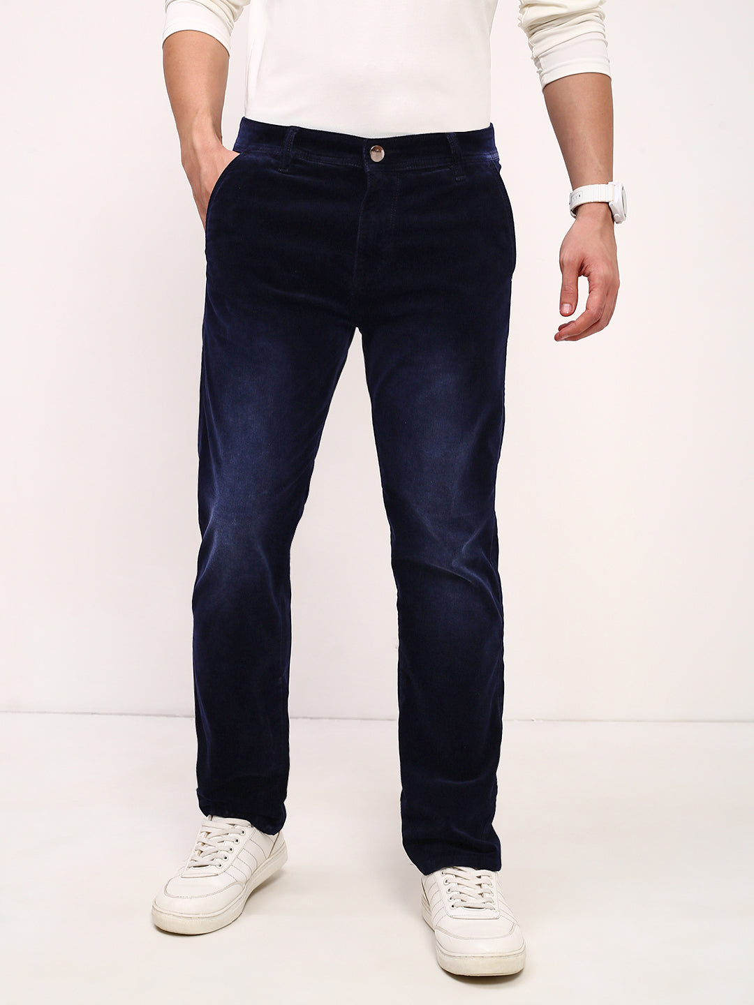 Men's Navy Blue Comfort Straight Fit Low-Rise Light Fade Acid Wash Stretchable Jeans