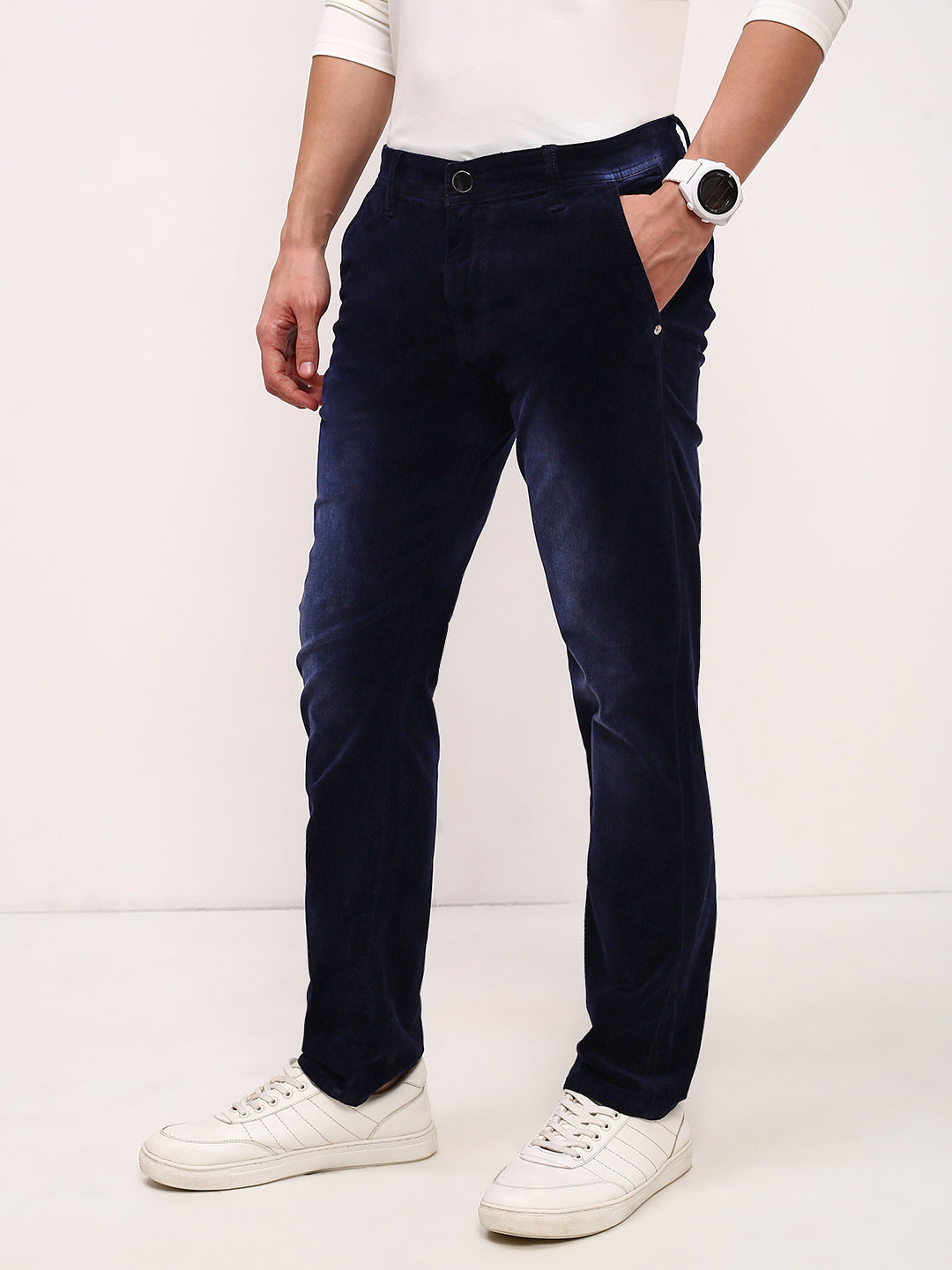 Men's Navy Blue Comfort Straight Fit Low-Rise Light Fade Acid Wash Stretchable Jeans