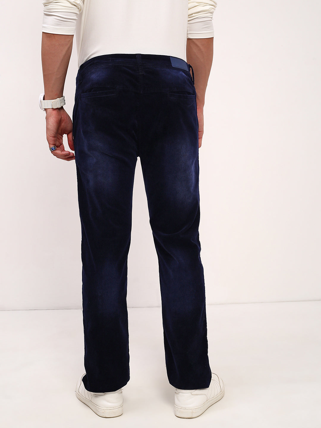Men's Navy Blue Comfort Straight Fit Low-Rise Light Fade Acid Wash Stretchable Jeans