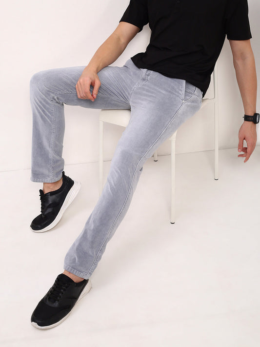 Men's Grey Solid Low-Rise Heavy Fade Straight Fit Jeans