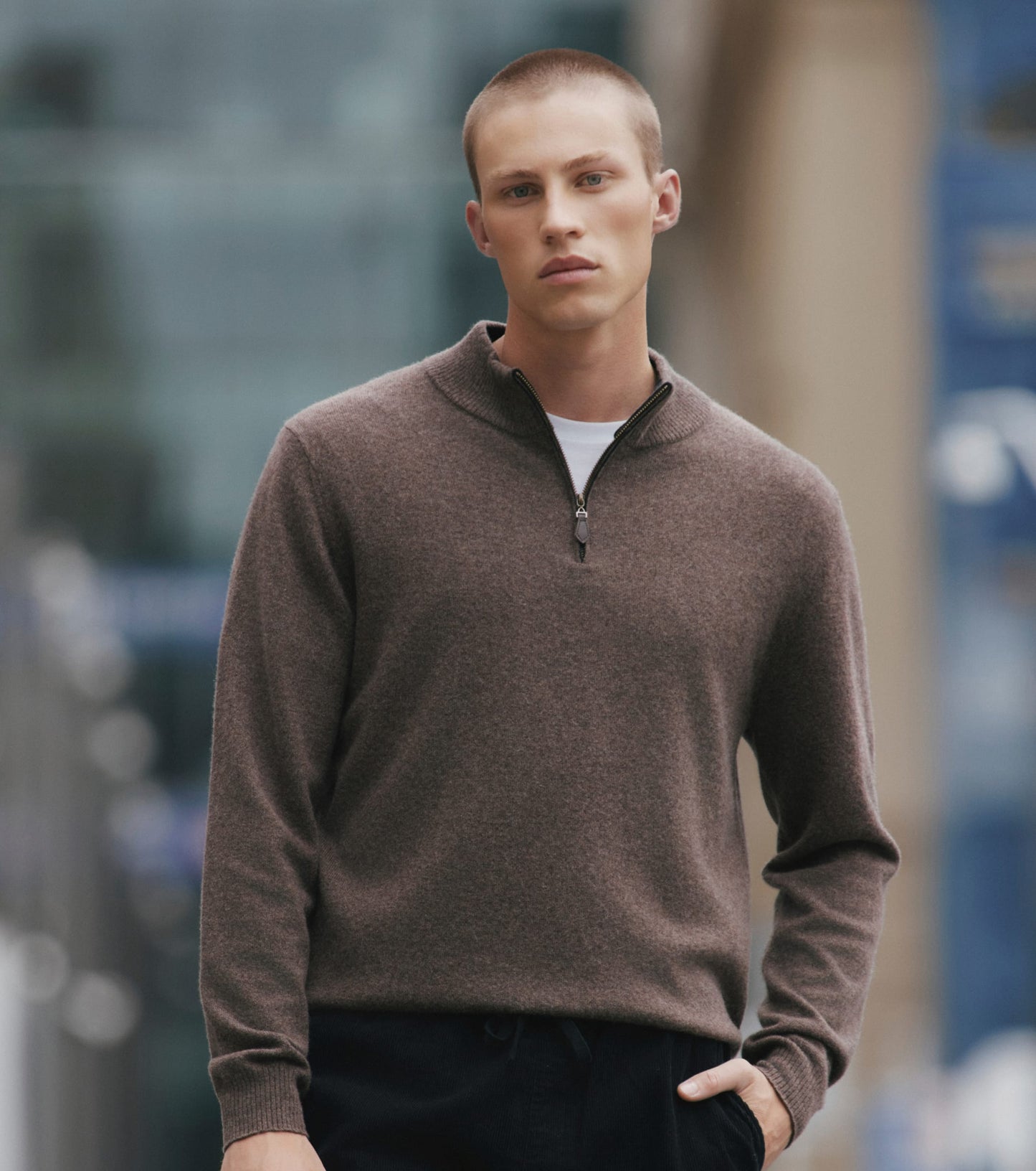 Mens Essential Cashmere Quarter Zip Sweater - Brown Melange