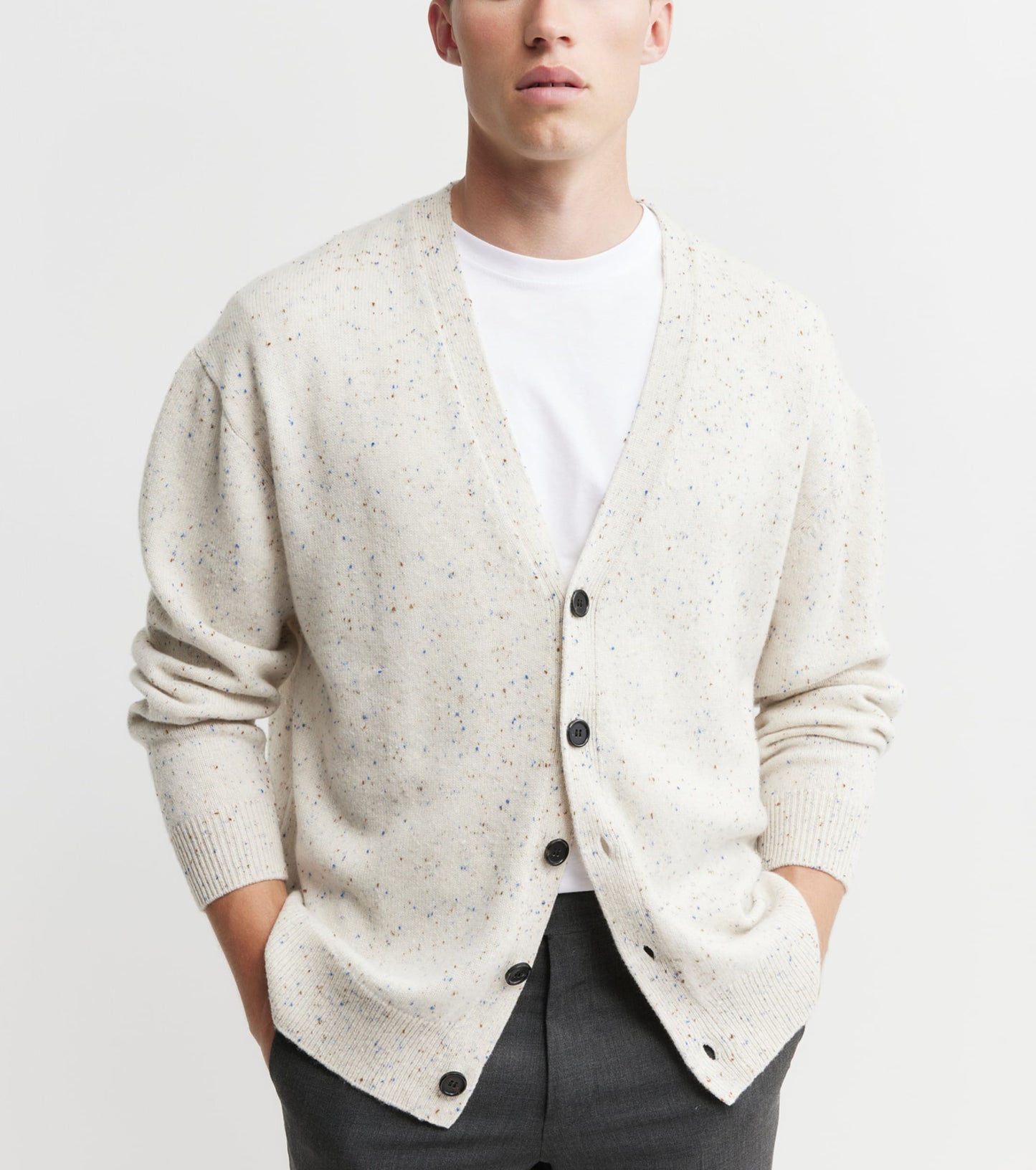 Mens Relaxed Cashmere Cardigan - Cream Speckle