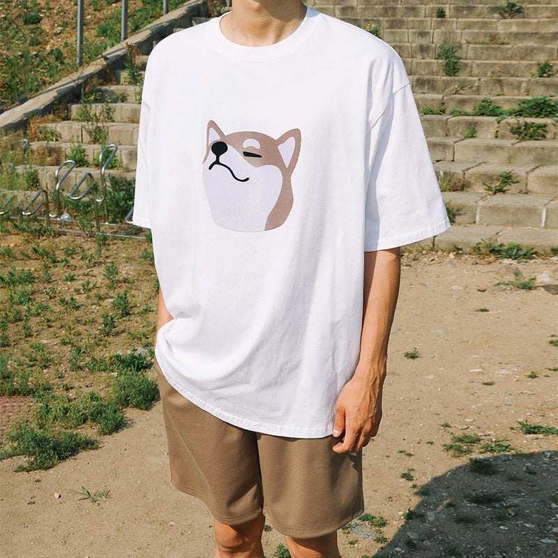 Men's Japanese retro dog head print short-sleeved T-shirt