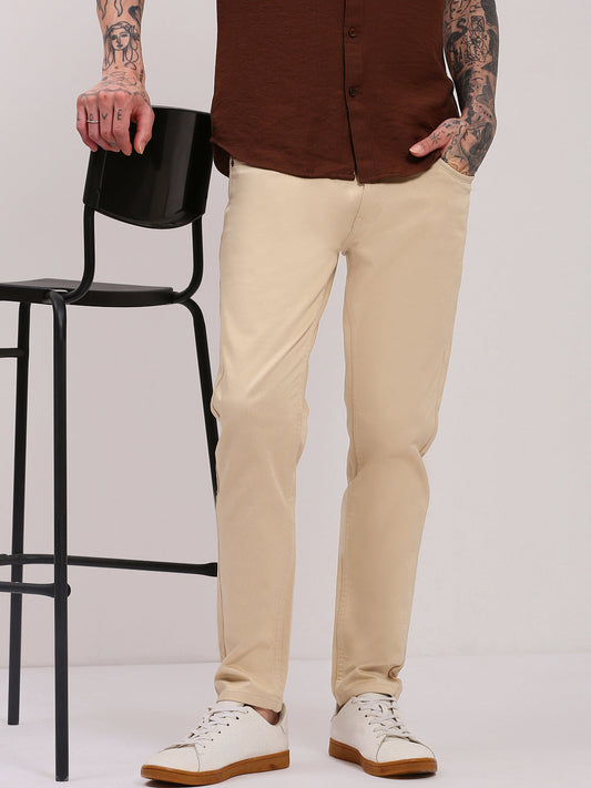 Men's Beige Low-Rise Slim Fit Jeans