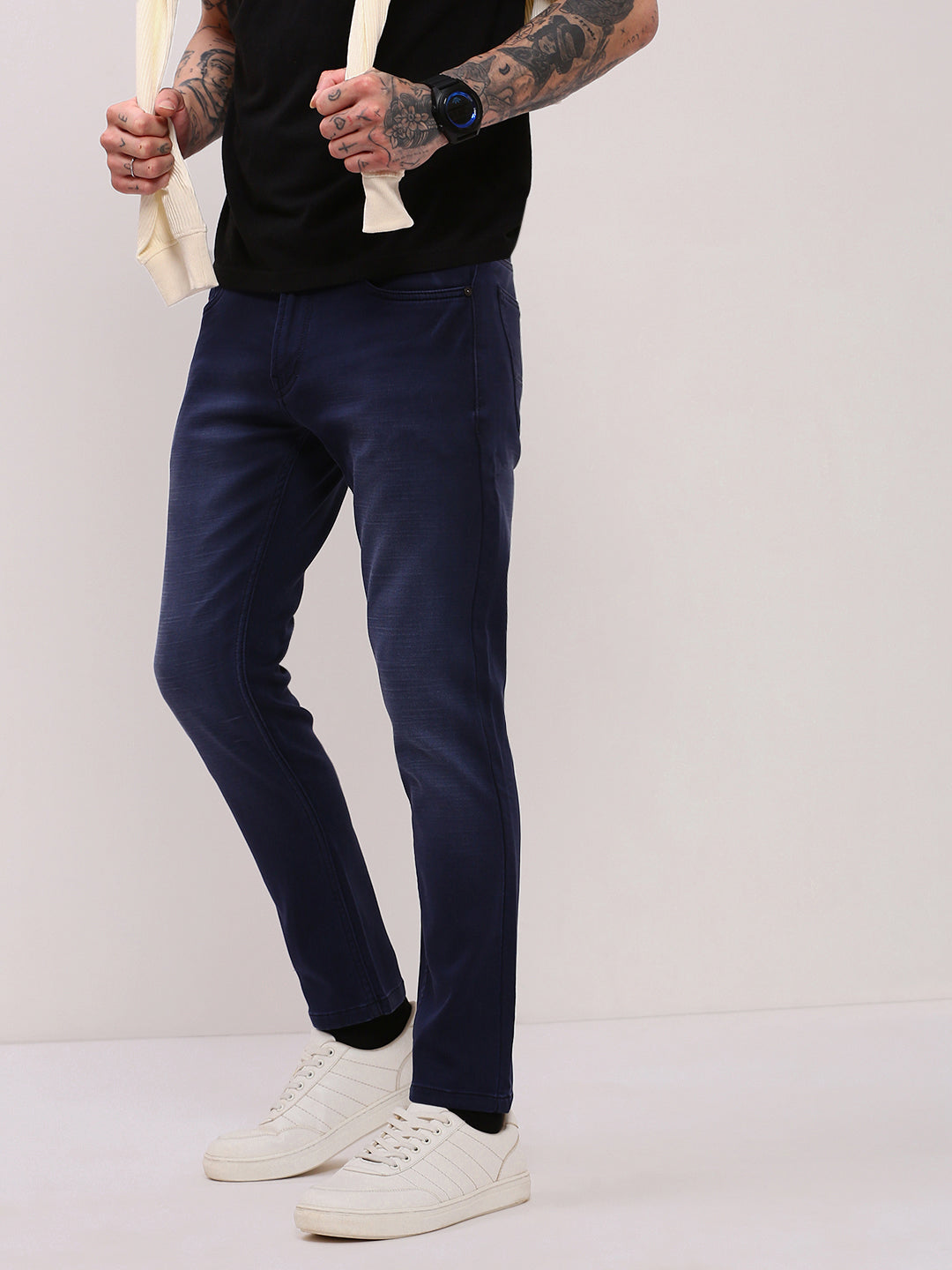 Men's Navy Blue Comfort Slim Fit Low-Rise Light Fade Cotton Jeans