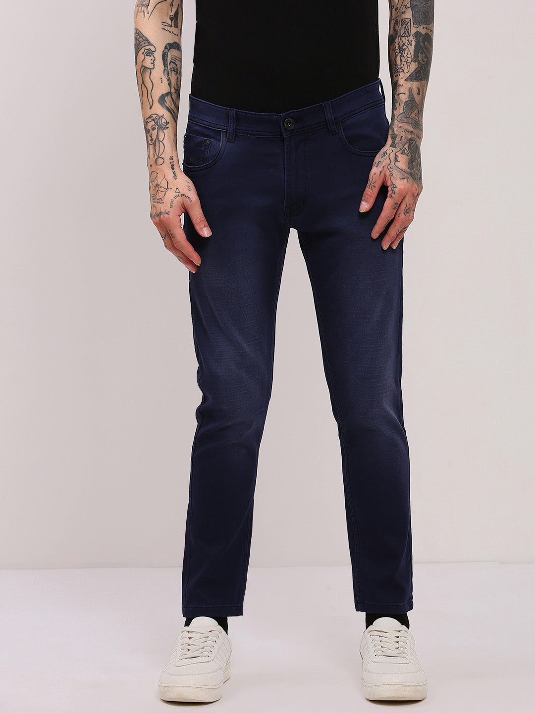Men's Navy Blue Comfort Slim Fit Low-Rise Light Fade Cotton Jeans