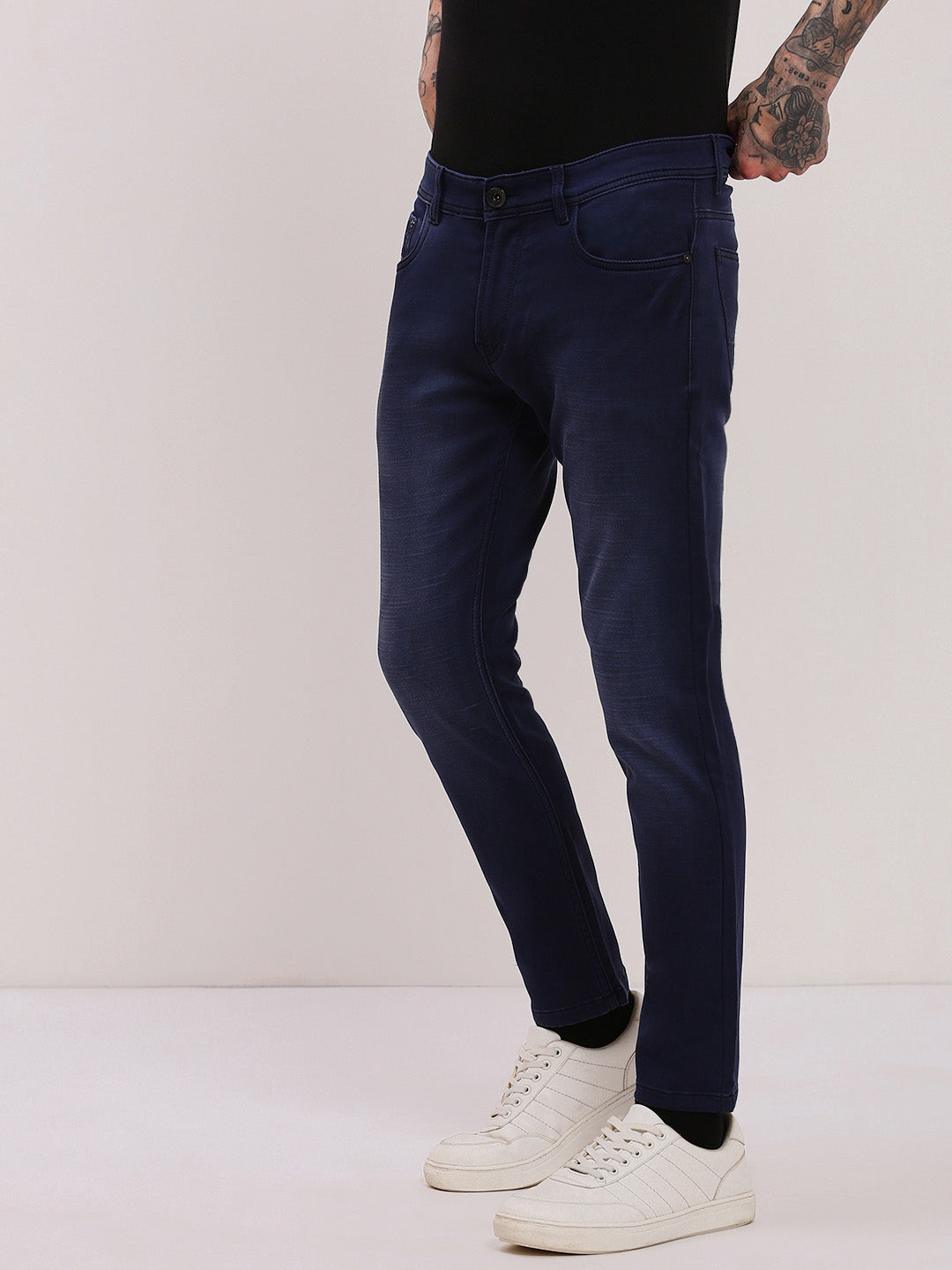 Men's Navy Blue Comfort Slim Fit Low-Rise Light Fade Cotton Jeans